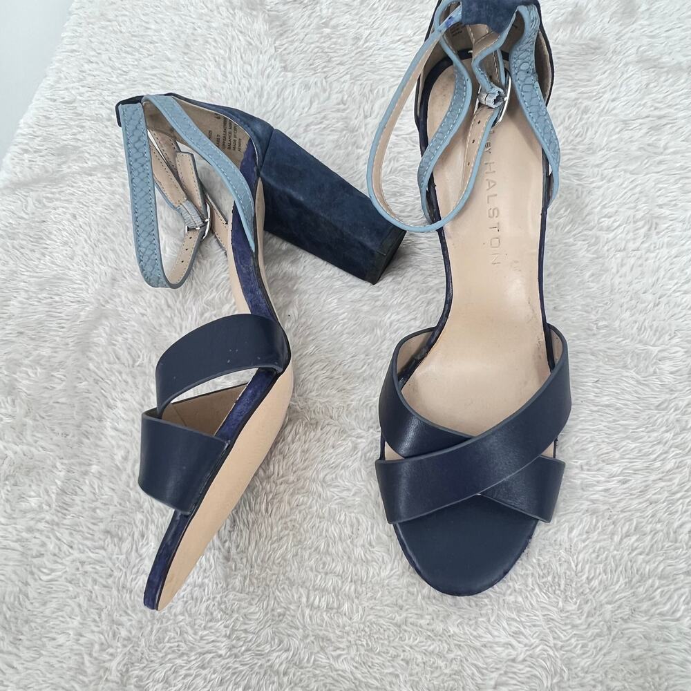 H by HALSTON Kaely Navy Blue Gray Strappy Block Heel Shoes  6½M REPAIRED Read